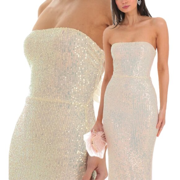 Lucy In The Sky Sequin Strapless Back Bow Maxi Formal Dress (Champagne) - Picture 3 of 16